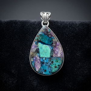 Handmade Charm Gift Natural Charoite Chrysocolla Gemstone Sterling <b>Silver</b> Prong 13g Certified Bohemia Style Pear Shape <b>Pendant</b> - Product Image 3