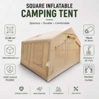 Tente gonflable carrée 12.96 ㎡   Tente de camping familiale gonflable 3,6x3,6m, Oxford 420D imperméable, séparateur de pièce, tente de glamping pour l'extérieur