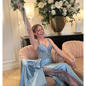 Abiti da ballo in raso con scollo a V lunghi <span class=keywords><strong>abito</strong></span> da sera in pizzo a sirena con spacco plissettato <span class=keywords><strong>abito</strong></span> formale con coda - Product Image 6