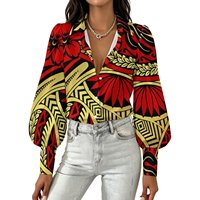 Nouvelle Blouse Femme Vintage à Motif Floral Tribal Rouge et Noir, Motif Feuille de Plumeria, Col Revers, Manches Longues Bouffantes, Chemise Décontractée Boutonnée