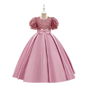 Hot Sale Wholesale Boutique Kids Performance Exquisite Puff Sleeve Dress Girls Ball Gowns Children Sequin Dresses