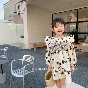 Robe en coton imprimé floral pour bébé et enfant, style coréen, beige, manches bouffantes, broderie sur la poitrine, robes pour enfants - Product Image 2