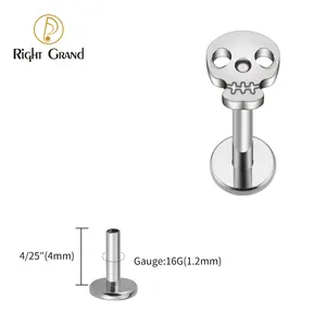 Right Grand ASTM F136 Titanium 16G Punk Hollow Skull Tragus Stud Earring Cartilage Helix Lip Ring Halloween Piercing Jewelry