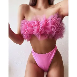 New Pink Lace Ruffle Bikinis Off Shoulder Swimsuits High Waist Swimwear