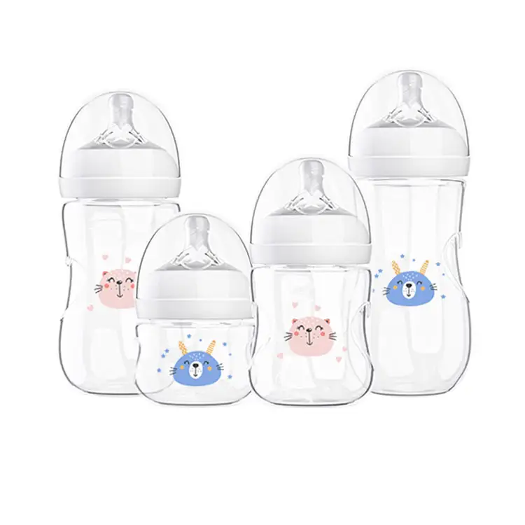 Garrafa de leite com estampa de coração de plástico OEM para bebês recém-nascidos de 90ml a 330ml Garrafa de garrafa de leite com gola larga
