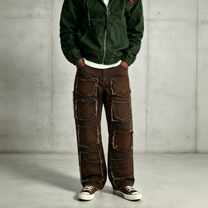 Edgy Vintage Brown Wash Multi-pocket Baggy Denim <b>Pants</b> with Frayed Seam Stud Embellishment for Retro <b>Y2K</b> Hip Hop Urban Street - Product Image 1