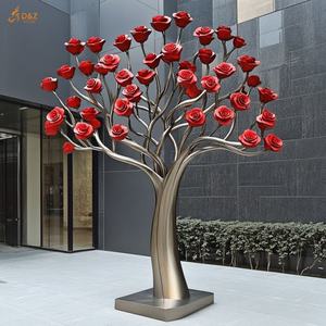 Décoration publique du hall de l'hôtel moderne Grand art abstrait Statue de <span class=keywords><strong>fleur</strong></span> de rose <span class=keywords><strong>rouge</strong></span> plaqué métal Sculpture d'<span class=keywords><strong>arbre</strong></span> en acier inoxydable poli - Product Image 1