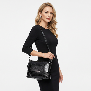 Sac fourre-tout en cuir véritable noir avec chaîne, bandoulière, sac à main, portefeuille à rabat pour usage quotidien - Product Image 3