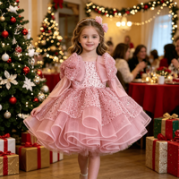Robe mini en tulle à paillettes pour filles, avec épaules bouffantes, grand nœud et volants multicouches, idéale pour mariage, Noël, anniversaire, concours de beauté et spectacle
