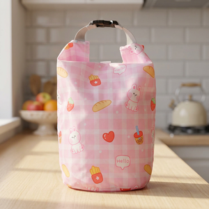 Sac à lunch à carreaux rose avec motifs de lapin et d'aliments, style décontracté portable pour le stockage des aliments - Product Image 1