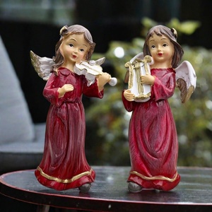 Decoraciones Navideñas de Ángel Rojo de Resina Vintage, Ángel Niña con Arpa y Violín para el Hogar o la Sala de Estudio - Product Image 3