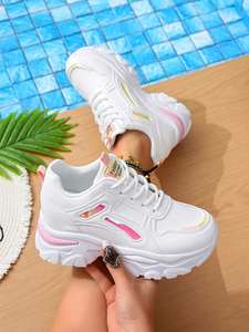 Zapatillas Deportivas Casuales Minimalistas para Mujer, con Lentejuelas, Diseño Clásico, Cuero Blanco, Degradado Brillante, Rayas, Plataforma Gruesa con Cuña Oculta - Product Image 2