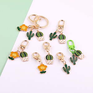 Cute Cartoon Cactus Keychains Zinc Alloy Irregular Shape Plant Flower Pattern Keychain Accessories - Product Image 1