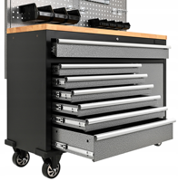 Coffre à outils roulant robuste à 7 tiroirs, établi avec panneau perforé et plateau en bois, rangement mobile pour garage et atelier