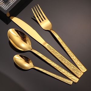Juego de cubiertos de acero inoxidable con patrón en relieve, cuchillo para carne, tenedor y cuchara para hoteles, estilo occidental. - Product Image 2