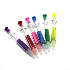 custom novelty syringe shaped injection needle school plastic ball pens with highlighter