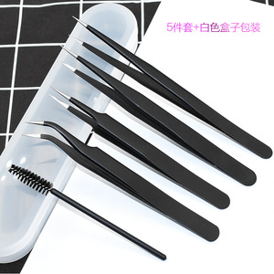 Stainless Steel Eyelash Tweezers Set 5Pcs Precision Curved Straight Tips With Brush For <b>Lash</b> Extension - Product Image 1