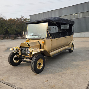 Vehículo Eléctrico Antiguo de Pasajeros con Estructura Larga, Carro de Transporte Retro Dorado para Turismo en Resorts - Product Image 5