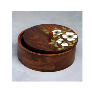 Handcrafted Mango Wood Food <b>Container</b> with Hand Painted Floral Lid Design Decorative <b>Kitchen</b> <b>Storage</b> Box for Dry Food Snacks - Product Image 1