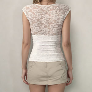 Camiseta Y2K para Mujer, con Encaje y Parches, Cuello en V, Manga Corta, Sexy, Dulce, Corte Regular, Informal, Transpirable, Ecológica, para Salir de Verano - Product Image 3