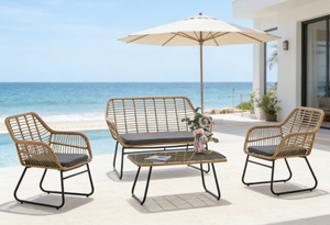 Vente flash : Ensemble de meubles de patio 4 pièces |   Canapé et chaises en rotin tressé avec table basse en verre - Product Image 4