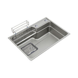Évier de cuisine en acier inoxydable SUS304, finition argent volcanique nano, 680x480mm, cuve simple, avec robinet extractible inclus - Product Image 1