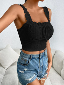 Top corto tipo camisola para mujer, de algodón, negro liso, estilo vintage, con bordado de ojales, tirante con volantes, lazo y fruncido, corte ajustado, venta al por mayor OEM - Product Image 4