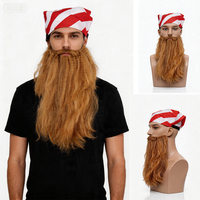 Ensemble casquette et moustache synthétique, barbe longue bouclée et duveteuse, chapeau rayé rouge et blanc pour homme, costume d'Halloween, fête costumée, cosplay, carnaval