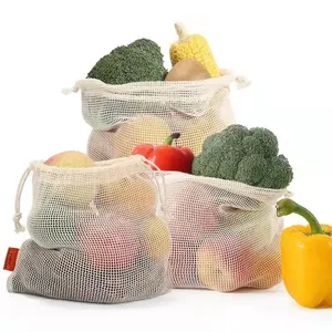Saco reutilizável de algodão orgânico, cordão, frutas, vegetais, bolsa para compras, malha de logotipo personalizada-050