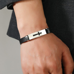 Fashion Trendy Casual <b>Men's</b> Religious Jewelry Gift Stainless Steel No Fade Cross Black Silicone Strap <b>Bangle</b> - Product Image 5