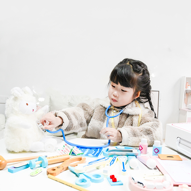 HWL 100971 Kids Early Educational Wooden Medical Tools Toy Kit For Children Doctor And Dentist Role Play Pretend Toys