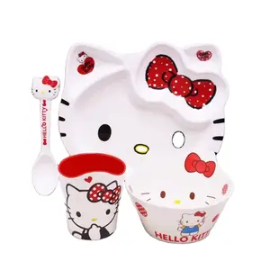 Sanrio Hello方格布小三聚氰胺侧猫板分隔器套装，带勺子和牛奶杯