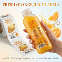 Luxe geprägte stickers met gouden folie voor het branding van verse sappen |   Premium textuurpapier met spot UV-coating