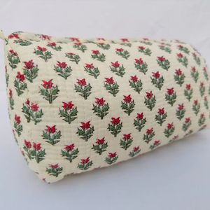 Eco-Friendly Large Vintage Cotton Quilted Wash <b>Bag</b> Handmade Block Print Embroidered Zipper Cosmetic for Pouch Travel Use - Product Image 1