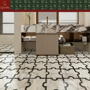 GOLDKING Mosaïque <span class=keywords><strong>de</strong></span> marbre <span class=keywords><strong>blanc</strong></span> <span class=keywords><strong>et</strong></span> <span class=keywords><strong>noir</strong></span> <span class=keywords><strong>de</strong></span> luxe pour sol <span class=keywords><strong>de</strong></span> <span class=keywords><strong>salle</strong></span> <span class=keywords><strong>de</strong></span> <span class=keywords><strong>bain</strong></span>, <span class=keywords><strong>motif</strong></span> grille incurvée découpée au jet d'eau, découpe sur mesure, fourniture pour grands projets - Product Image 3