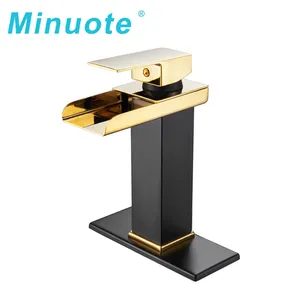Bathroom square brass waterfall black and gold basin mixer faucet