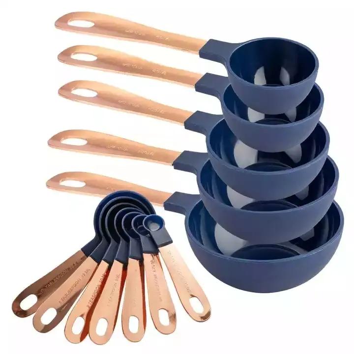 Custom 12 Pcs Navy Blue Plastic Baking Measuring Glass Cups And Spoons Set With Copper Coated Stainless Steel Handles Logo