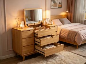 Premium Solid Oak Integrated Dressing Table Fluted Glass Cabinet Multi Open Storage Makeup <b>Vanity</b> With Stool - Product Image 4
