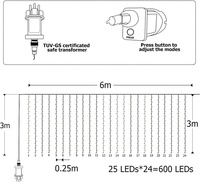 Rideau lumineux LED, 6m X 3m, 600, lumières, 8 Modes, Pergola, Plug-in de fenêtre, pour chambre à coucher, intérieur et extérieur