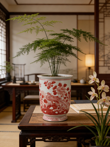 <span class=keywords><strong>Jardinière</strong></span> <span class=keywords><strong>étroite</strong></span> de style antique Fenghuang - Motif paon rouge corail chinois - Pots à fleurs en porcelaine antique - Product Image 2