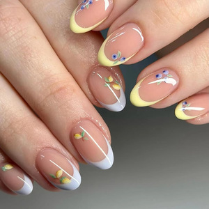 Ms.Miemie 24 pièces Faux ongles à presser en ABS style français, courts et amovibles, motifs mangue et <span class=keywords><strong>myrtille</strong></span>, autocollants pour doigts - Product Image 1
