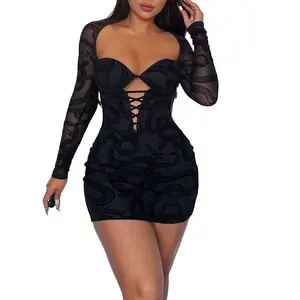 Lace long sleeved sexy hollow out flocked printed dress ins fashion Women wrap hip short skirt Causal Dress Ladies Causal Dress