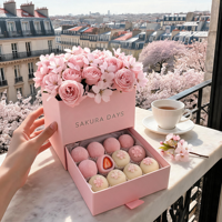 Op maat gemaakte roze dubbele laag uittrekbare lade-papieren cadeaudoos met bloemenbovenkant voor chocoladetruffels, zoete Valentijnsdagverpakking