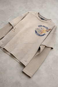 Custom Vintage acid Wash Heavyweight Streetwear Tshirt Screen Print <b>Waffle</b> distressed Double Layer Long Sleeve T <b>Shirt</b> Men - Product Image 2