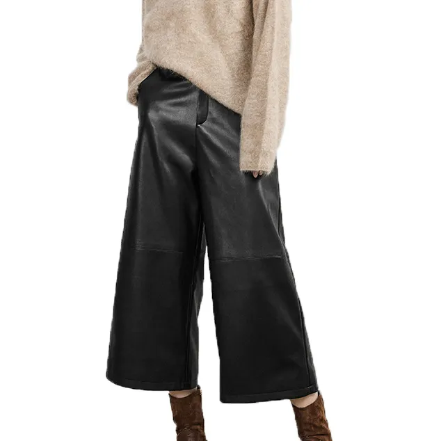Özel yapılmış moda kapri pantolonlar kadın orta bel gevşek geniş bacak deri pantolon
