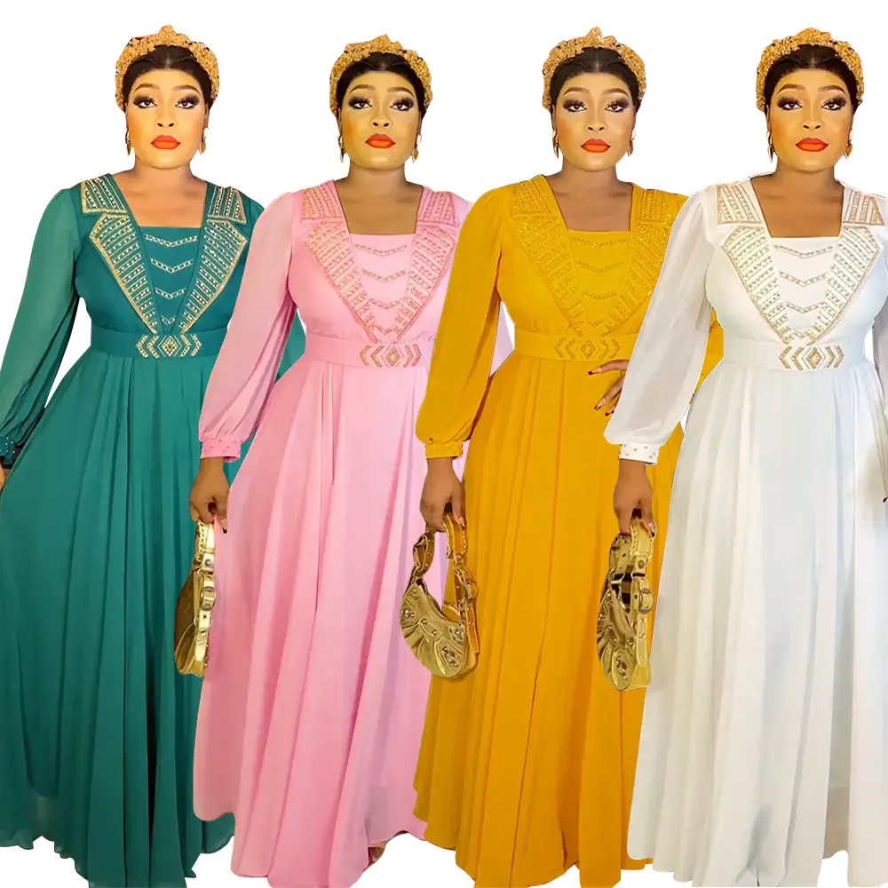Avrupa ve amerikan kadın moda boncuk casual maxi elbise afrika şifon kat uzunluk etek işlemeli rahat elbiseler