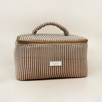 Bolsa de Maquillaje de Viaje para Mujer, Cuadrada, de Gran Capacidad, con Rayas Color Castaño y Asa