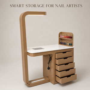 Table de manucure de luxe sur mesure, présentoir à vernis à ongles, poste de travail pour salon de manucure, lampe LED, plateau en marbre, tiroirs, bureau à ongles - Product Image 1