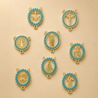 Breloques médailles catholiques plaquées or 18 carats avec strass bleus et connecteurs à double boucle pour la fabrication de bijoux de chapelet DIY