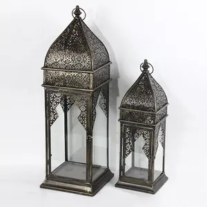 Wholesale S/2 Vintage Antique Garden Hanging Glass Moroccan Metal Candle Lantern